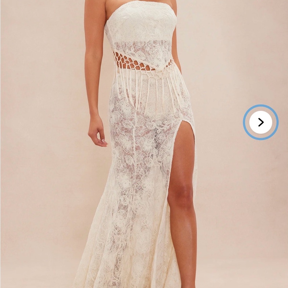 Strapless White Lace Maxi set  with High Slit